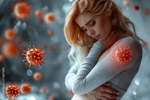 Coronavirus quarantine concept, woman experiences malaise, catarrhal disease, bacteria and viruses, health problems