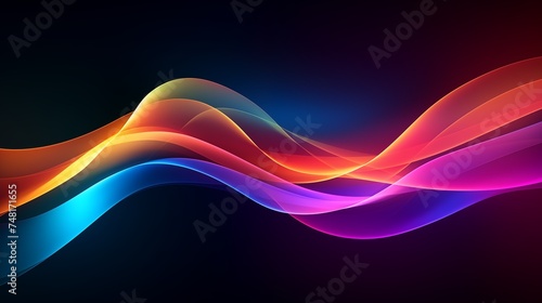 Colored glowing waves abstract background. Bright smooth waves on a dark background. Decorative horizontal banner. Digital artwork raster bitmap illustration. AI artwork.