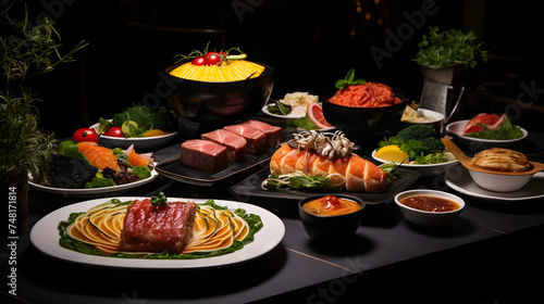 Assorted food set on table Pasta with seafood steak 