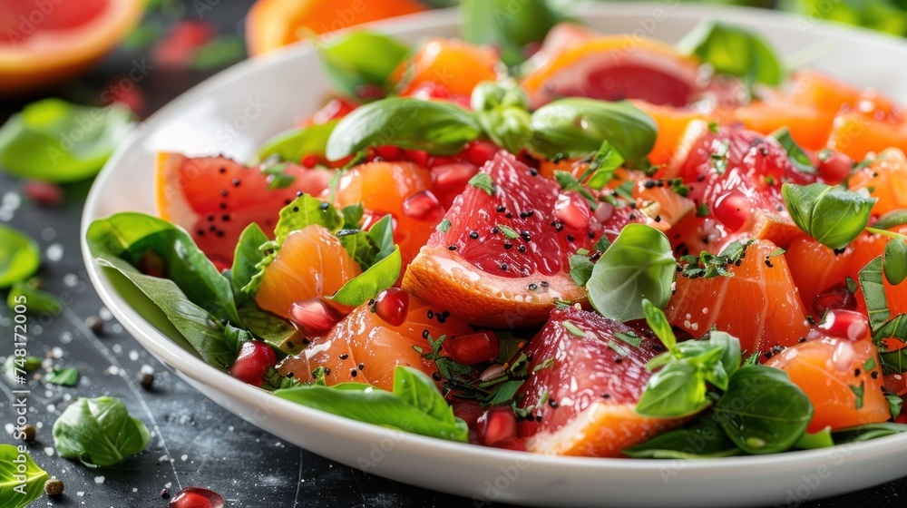 a close up of a plate of food with grapefruit, oranges, and spinach on a table. a close up of a plate of food with grapefruit, oranges, and spinach on a table.
