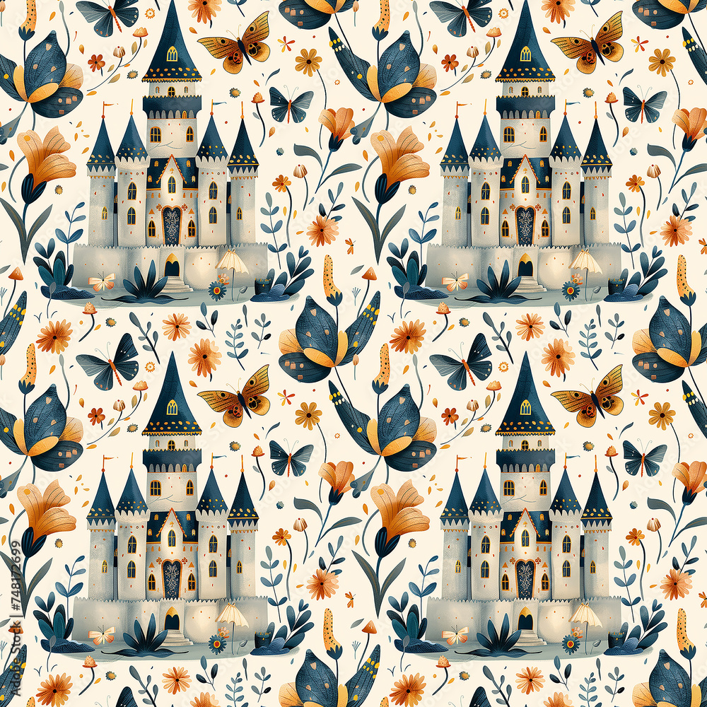 A majestic castle surrounded by fluttering butterflies and whimsical flowers, seamless pattern