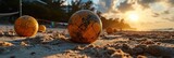Soccer ball on the beach at sunset. Concept of global warming. Vacation Concept. Sport Concept with Copy Space. Beach Volleyball.