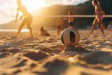 volleyball on the beach in the rays of the setting sun. Vacation Concept. Sport Concept with Copy Space. Beach Volleyball.