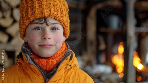 a close up of a child wearing a yellow jacket and a knitted hat with a candle in the background. photo