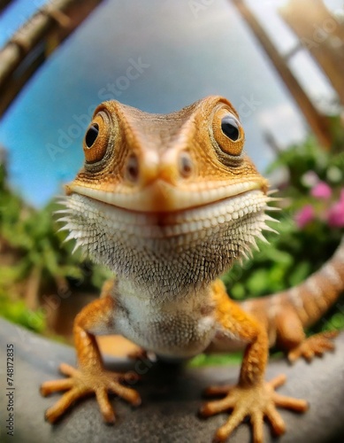 Curious Oriental Garden Lizard: Close-Up Portrait with Fish Eye Lens, Hyper-Detailed and Photo-Realistic © Only 4K Ultra HD