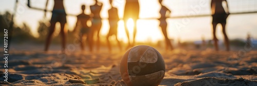 volleyball on the sand of the beach against the background of the sunset. Vacation Concept. Sport Concept with Copy Space. Beach Volleyball.