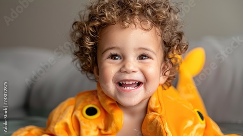 a child with curly hair is smiling and wearing a yellow jacket with a yellow fish on it's chest. photo