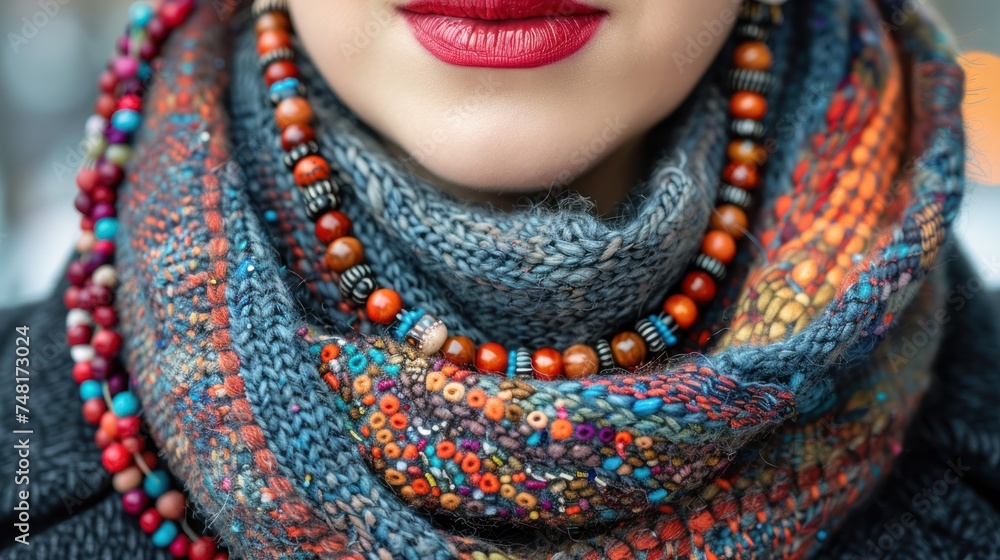 Obraz premium a close up of a woman's face wearing a multicolored knitted scarf and a red lipstick.