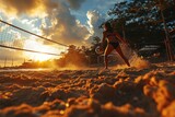 Young woman playing volleyball on the beach at sunset. Female volleyball player. Vacation Concept. Sport Concept with Copy Space. Beach Volleyball.
