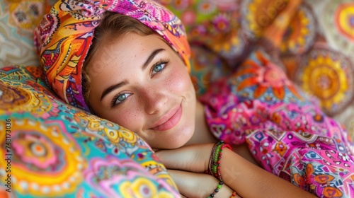 a beautiful young woman laying on top of a bed covered in a colorful blanket and wearing a headscarf.