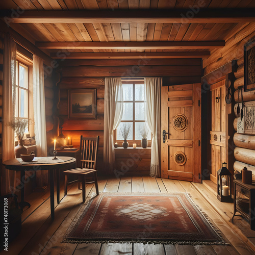 wooden house interior, room, window, house, table, chair, architecture, home, furniture, hotel, floor, door, design, indoor, wall, Ai generated 