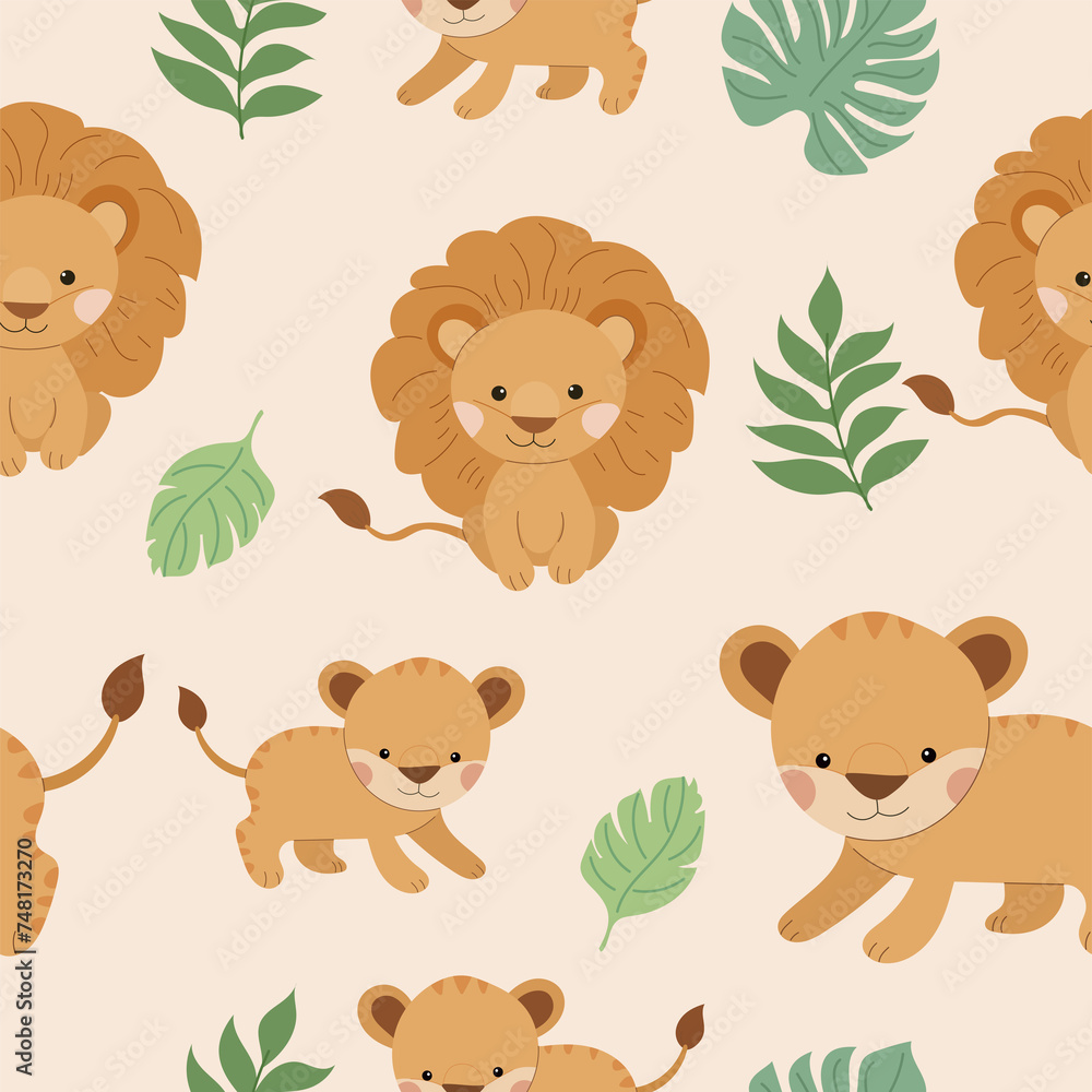 Fototapeta premium Safari pattern. Vector illustration safari animal and tropical leaves, for kids card, posters on light background.