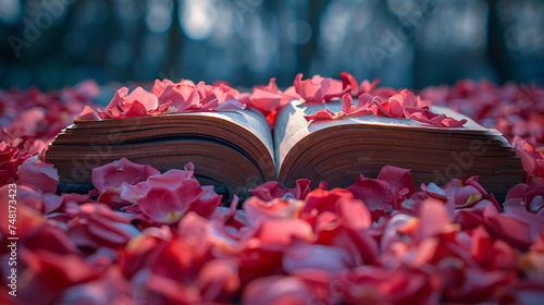 Old book open amidst a sea of pink petals outdoors. photo