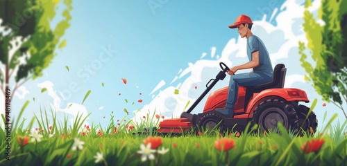 Illustration of a man mowing the lawn on a riding mower. Side view, mowing a spring lawn. Banner with a lawn tractor.