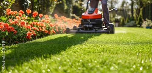 Close up of lawn mower mowing the lawn, grass at home. Mowing season, springtime. Man pushing the lawnmower, grass cutter. Banner with copy space. 