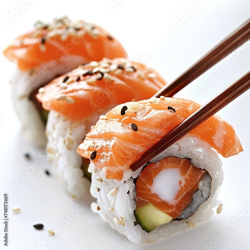 "Salmon Nigiri Sushi Elegantly Held by Chopsticks, Isolated on White