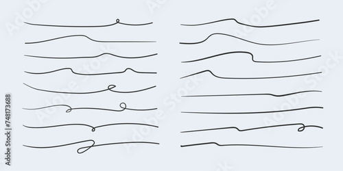 Vector illustration of scribble anderlines isolated on blue background. Vector set of hand drawn underline.