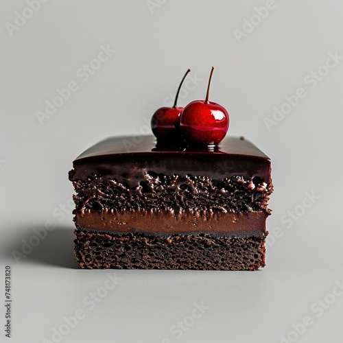 Luxurious Chocolate Sacher Cake with Glossy Glaze and Cherries photo