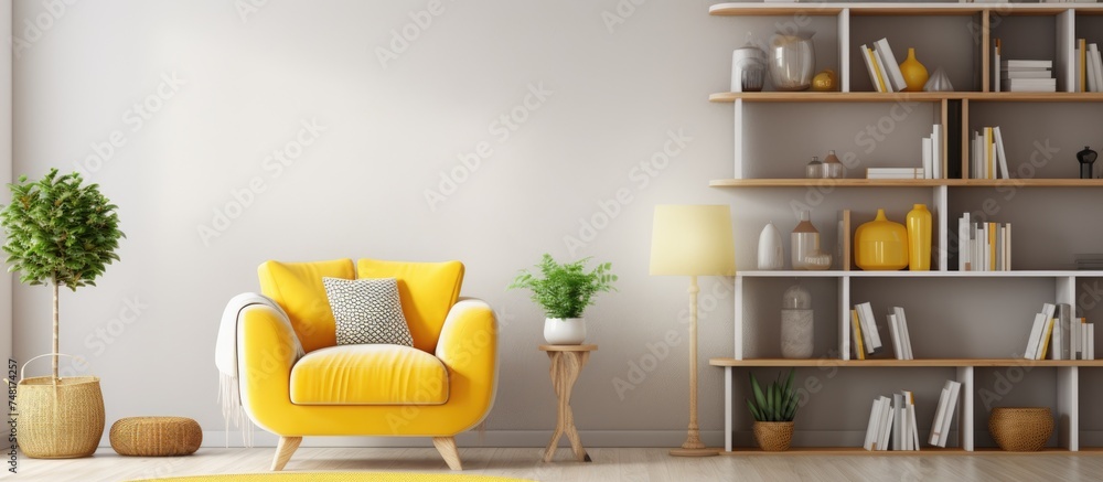 A corner of a stylish living room featuring white and yellow walls, a wooden floor, large windows, a comfortable sofa, a yellow armchair, a round coffee table, and a bookcase. A corner of a stylish living room featuring white and yellow walls, a wooden floor, large windows, a comfortable sofa, a yellow armchair, a round coffee table, and a bookcase.