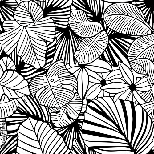Black and White Line Drawing of Flowers and Leaves Suitable for Coloring Page or Book, Repeating Pattern
