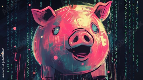 Financial Pig Butchering Scam Concept. A Pig with a wall full of decimals.