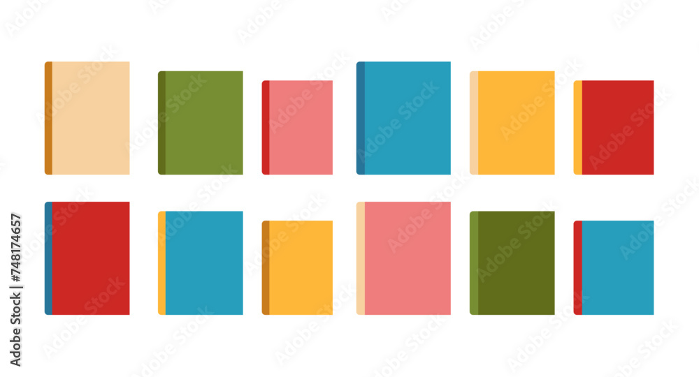 Rectangular book cover isolated vector set in various colors. Empty cartoon flat design illustrations of hardcover journals.