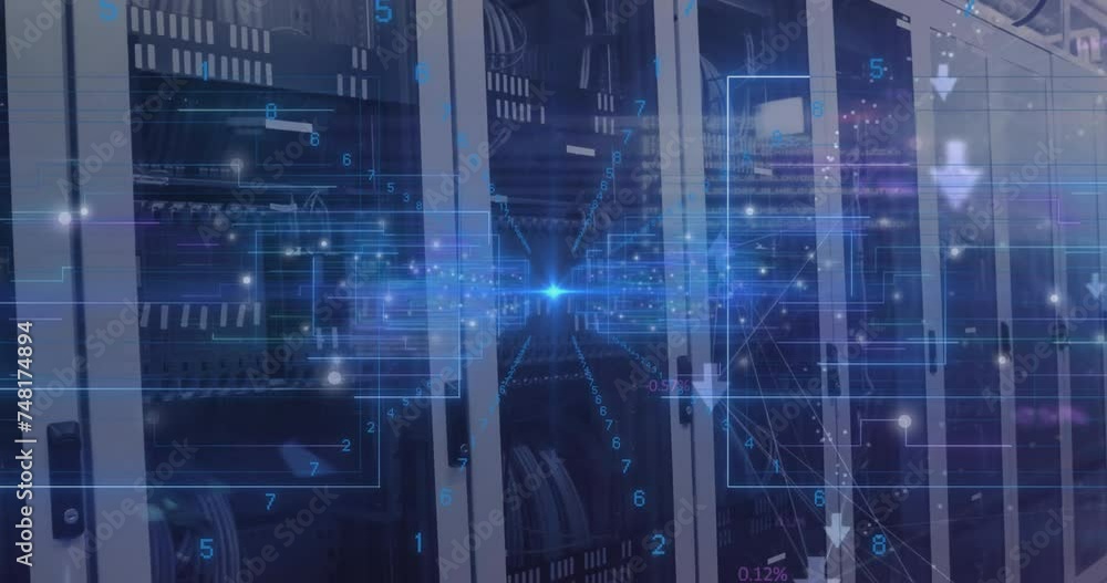 Animation of data processing and arrows over server room Animation of data processing and arrows over server room