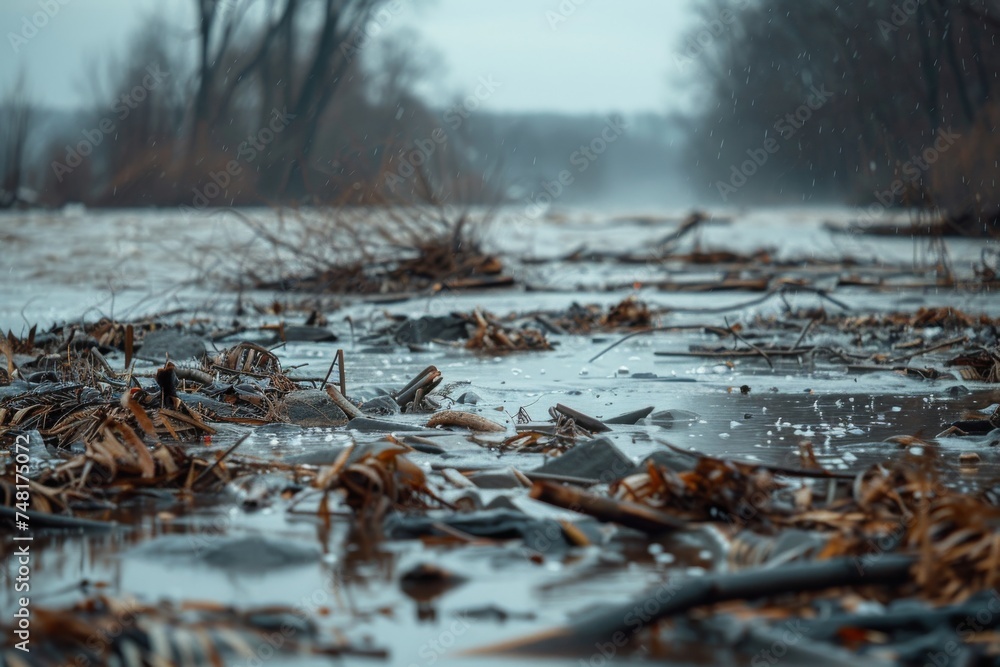Fototapeta premium A gloomy, rain-soaked riverbank with scattered leaves and branches.