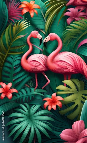 Flamingos wallpaper design among tropical leaves and flowers, Generative AI