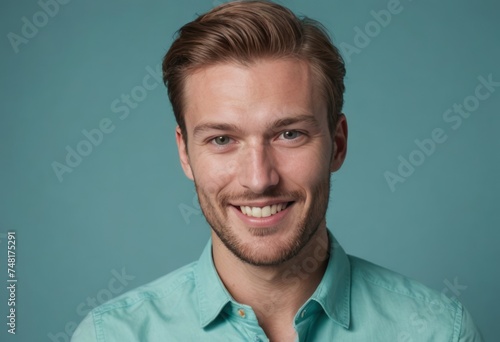 A handsome man with a light stubble smiling and giving a thumbs up, blue background. His smart casual look exudes charisma and agreeability.