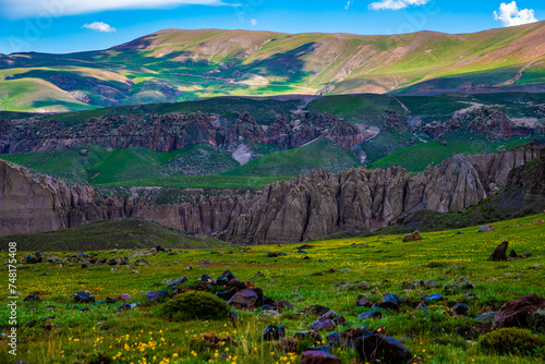 Floral Meadows and Sandstone Cliffs at Goli Pond, Ardabil Province, Iran photo