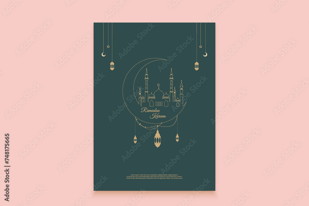 Islamic greeting card template with Ramadan for wallpaper design. Poster, media banner. line art