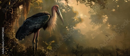 A Marabou Stork, Leptoptilos crumeniferus, a large wading bird native to sub-Saharan Africa, standing tall amidst greenery in the heart of a forest. The majestic birds size and distinctive appearance photo