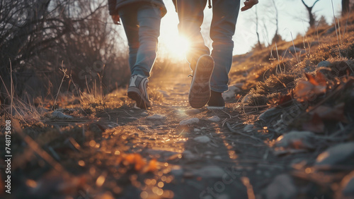 Journey into the Sun  Teenagers Walking on a Trail with a Ground Perspective