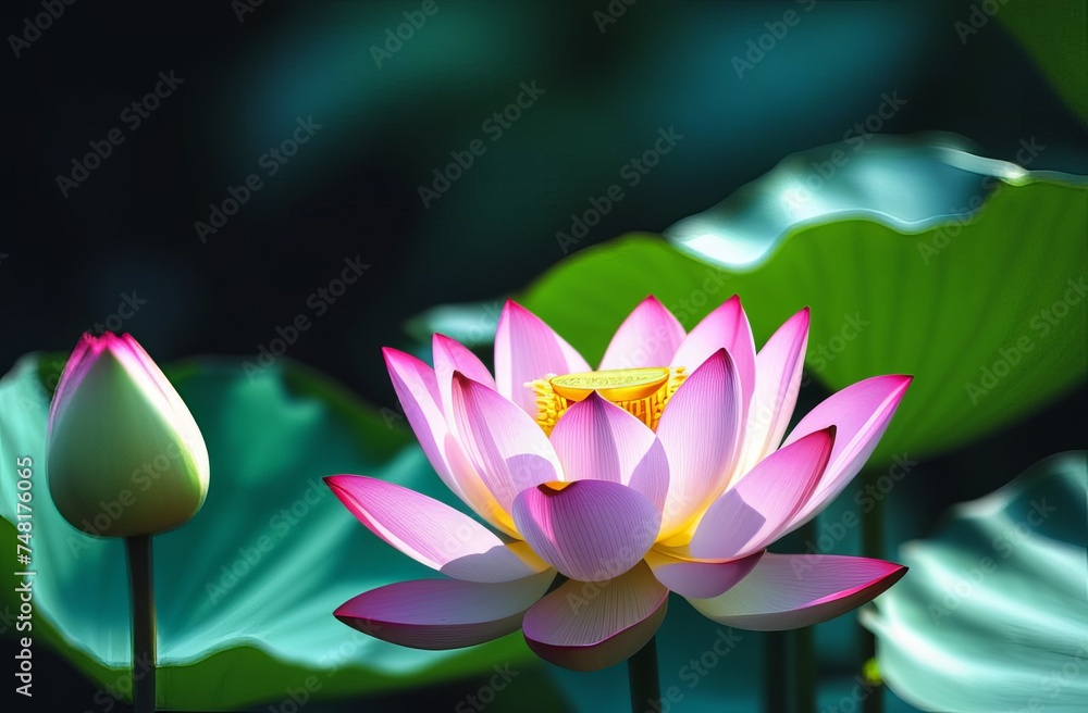 Close up soft focus of pink lotus flower are blooming in the dark background with light. Pink water lily or lotus flower Perry's garden pond. Flower landscape with copy space. Selective focus Close up soft focus of pink lotus flower are blooming in the dark background with light. Pink water lily or lotus flower Perry's garden pond. Flower landscape with copy space. Selective focus
