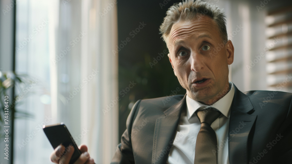 Fototapeta premium Shocked businessman receiving unexpected news on smartphone, office backdrop.