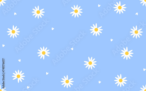 Patterns with daisy on blue color backgrounds vector illustration. Cute summer wallpaper. Vector backgrounds. Flower power. Choose happy. Daisy flowers with cartoon funny smiling faces
