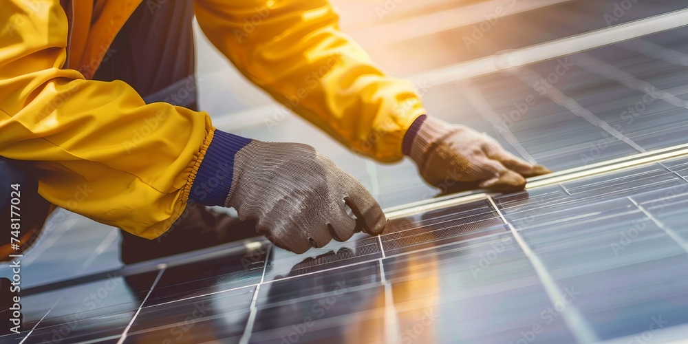 solar photovoltaic panel engineer installing and checking panels, renewable green energy concept solar photovoltaic panel engineer installing and checking panels, renewable green energy concept