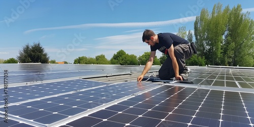 solar photovoltaic panel engineer installing and checking panels, renewable green energy concept 