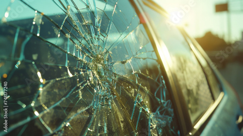 Sunlight caresses a shattered car windshield, hinting at an untold story of distress.