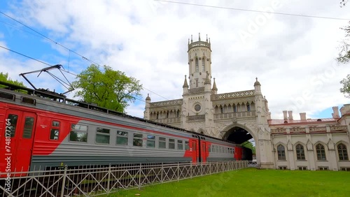 The electric train departs from Novy Peterhof station. Suburbs of St. Petersburg
