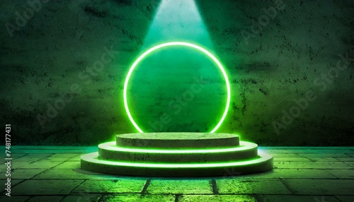 Green neon light product background stage or podium pedestal on grunge street floor with glow spotlight and blank display platform