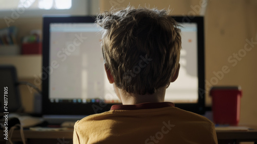 A child engrossed in the digital world, the back of his head lit by the computer's luminescence.