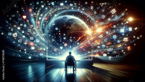 A concept of a person internet surfing, enveloped by a futuristic vortex of digital data and social media symbols circling around Earth, AI generated. photo