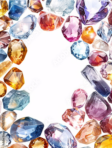 A collection of colorful, sparkling gems on a white surface. photo