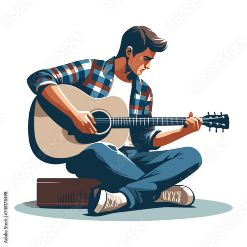 Musician man playing guitar acoustic vector illustration, male guitarist performing music, String instrument player design template isolated on white background