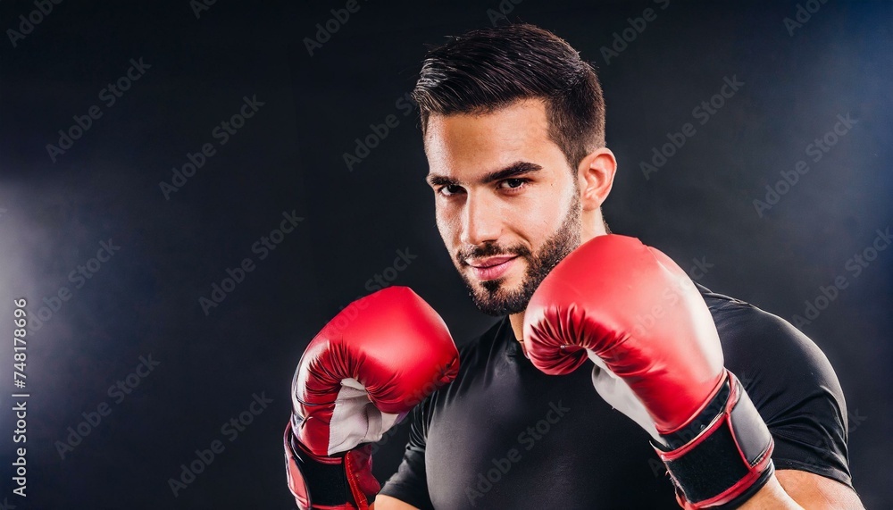 muscular handsome male boxer in boxing gloves on a black background