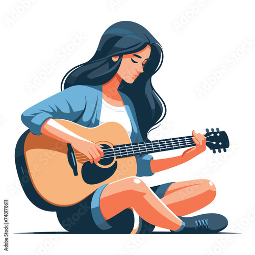 Musician woman playing guitar acoustic vector illustration, female guitarist performing music, String instrument player design template isolated on white background