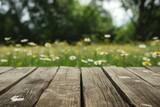 Close-up of Rustic Wooden Floor Table Top Surface in a Field of  Daisies Meadow Background For Product Placement