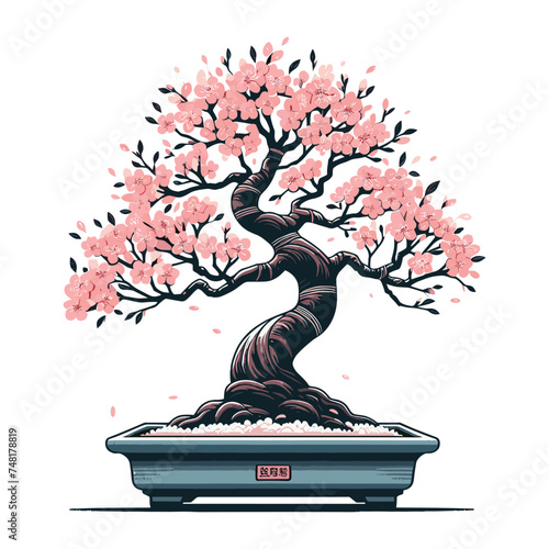 Sakura bonsai tree vector illustration. Aesthetic Japanese and Chinese traditional culture bonsai and potted plants design template isolated on white background